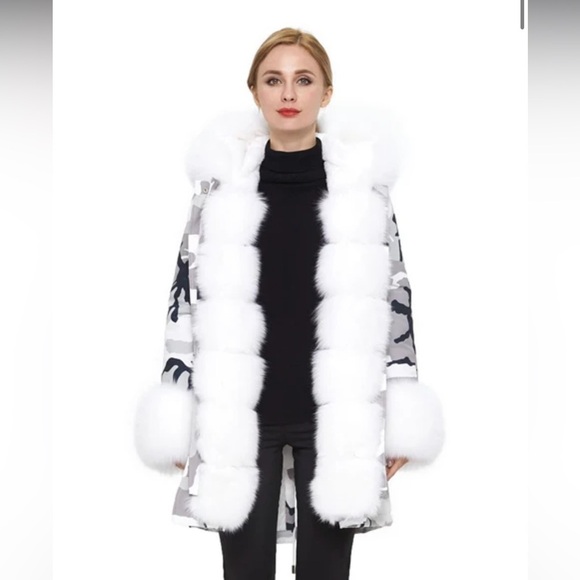 Volare New York Camouflage white fox fur jacket with hood size S NWT - Picture 2 of 15